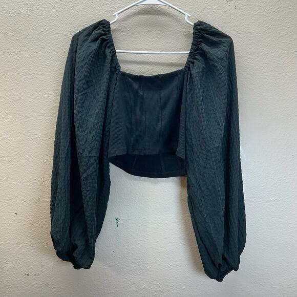 Urban Outfitters Top Corset Style Bohemian Cropped Smocked Stretch SZ M Black - Picture 2 of 4